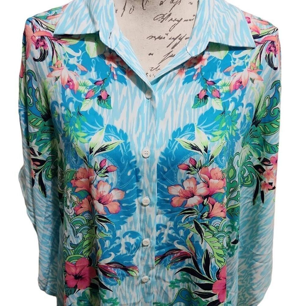 Tommy Bahama Ladies Sz L/XL Aqua Fleur De Flora Boyfriend Button Down Tunic - Picture 6 of 7